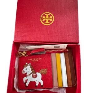 Tory Burch Red Leather Horse Card Wallet with Multicolor Slots